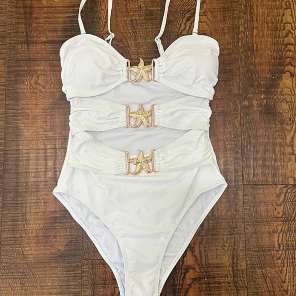 Brand new Amazon essentials White one piece swimsuit with gold starfish embellis